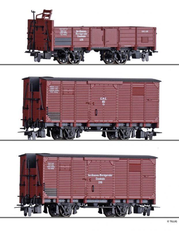 Güterwagenset der NWE / GHE, bestehend aus einem offenen Güterwagen und zwei gedeckten Güterwagen, Ep. II - Art.-Nr.: 01273